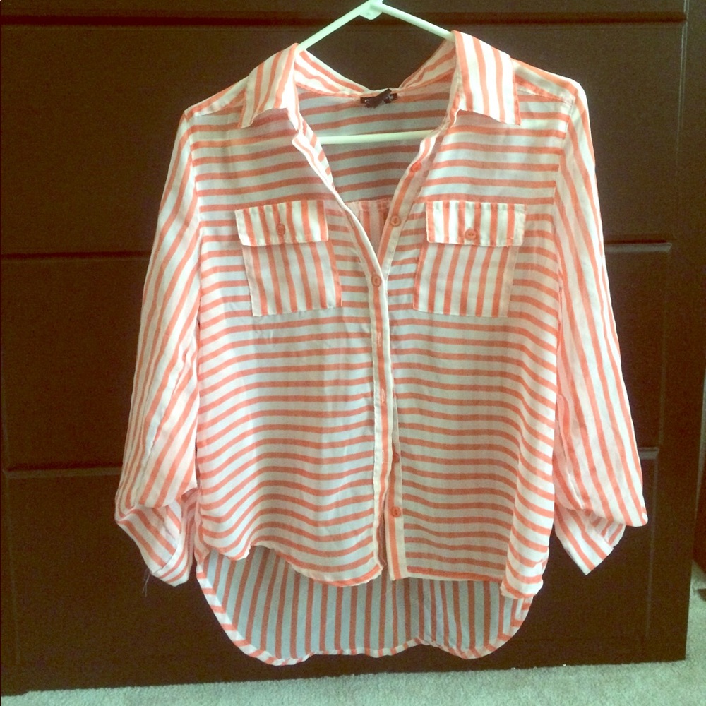 Stripe quarter sleeve button down blouse