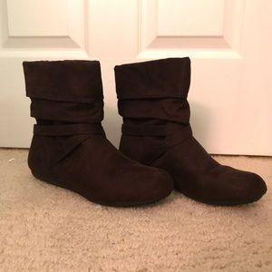 Brown suede booties.