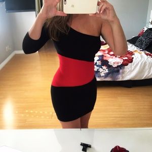 BEBE One Shoulder BodyCon Dress Black / Red