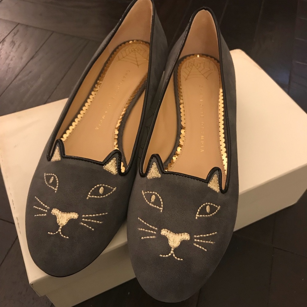 Charlotte Olympia Suede Kitty Flat Loafer