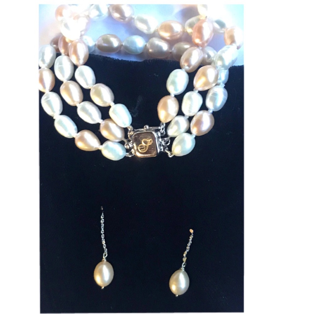 🔥14K GOLD 3 STRAND PEARL BRACELET + sterling & pearl EARRING SET🔥