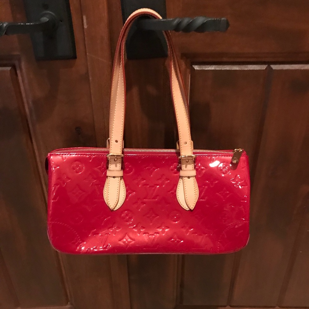 Louis Vuitton red handbag with tan straps