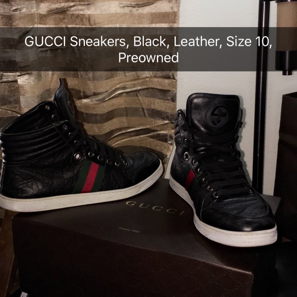 GUCCI High Top Sneakers, Men's, Black Leather,  10