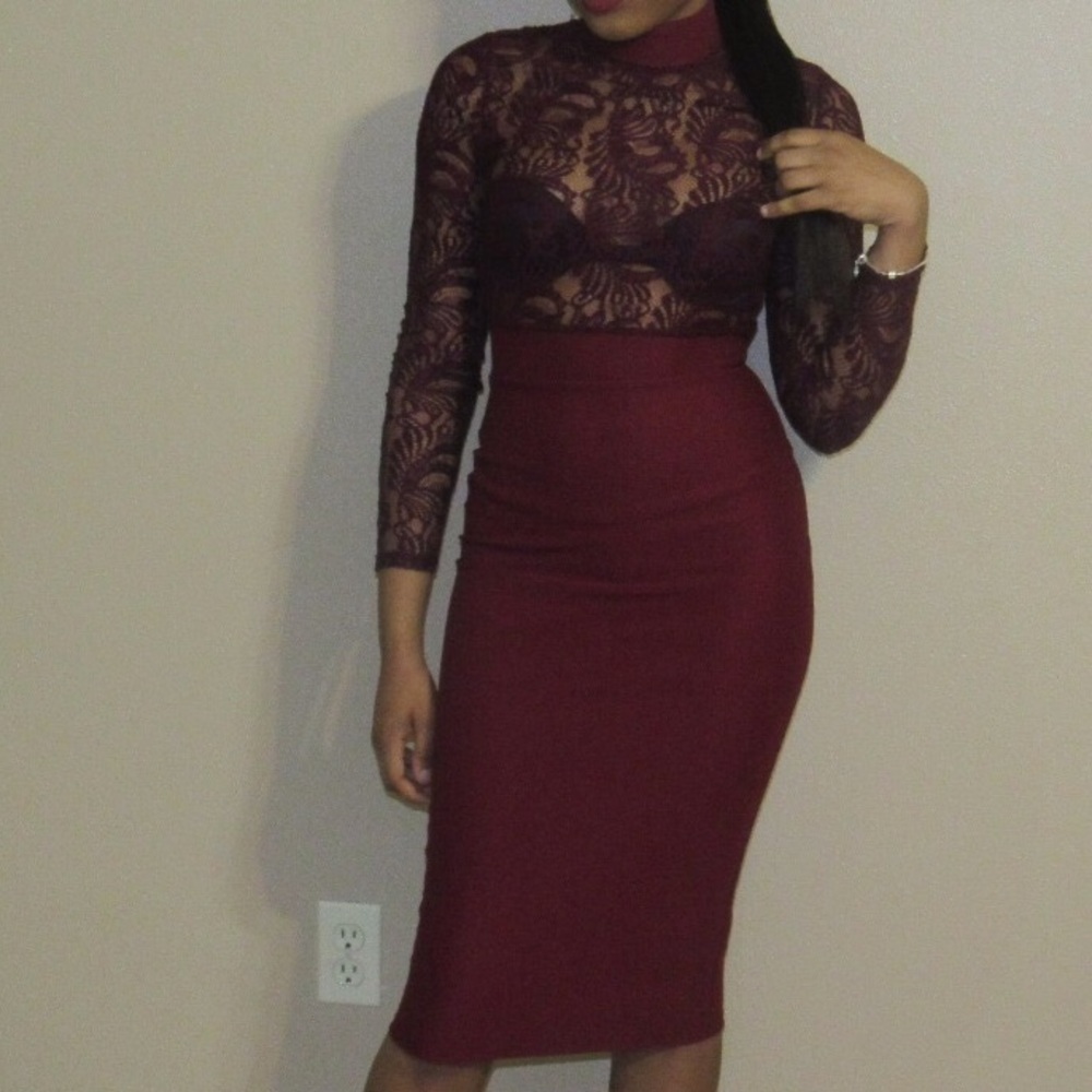 Lace High Neck Midi Bodycon Dress in Burgundy