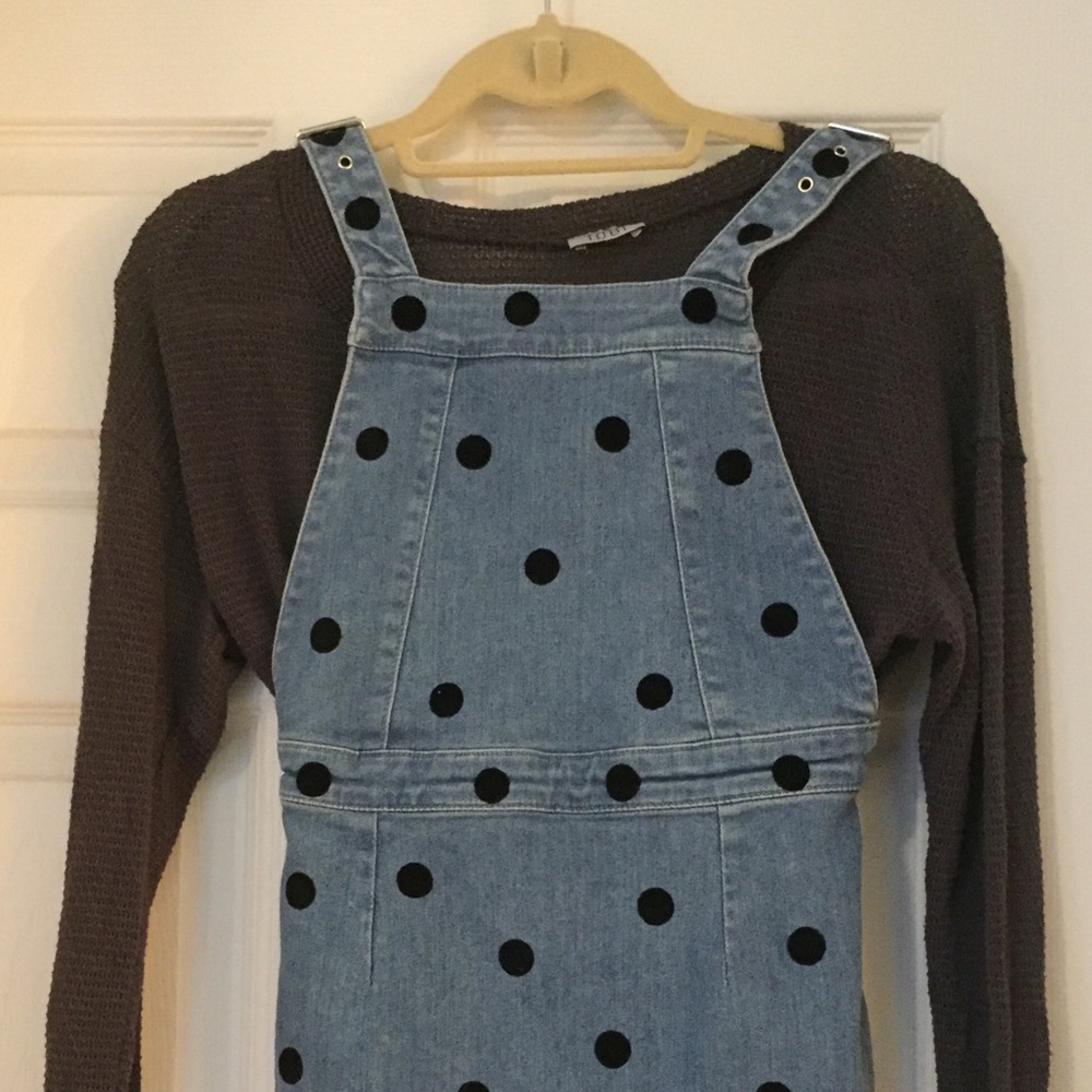 Polka dot denim overalls dress