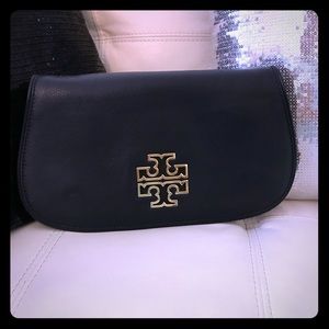 Tory Burch navy clutch with metal strap