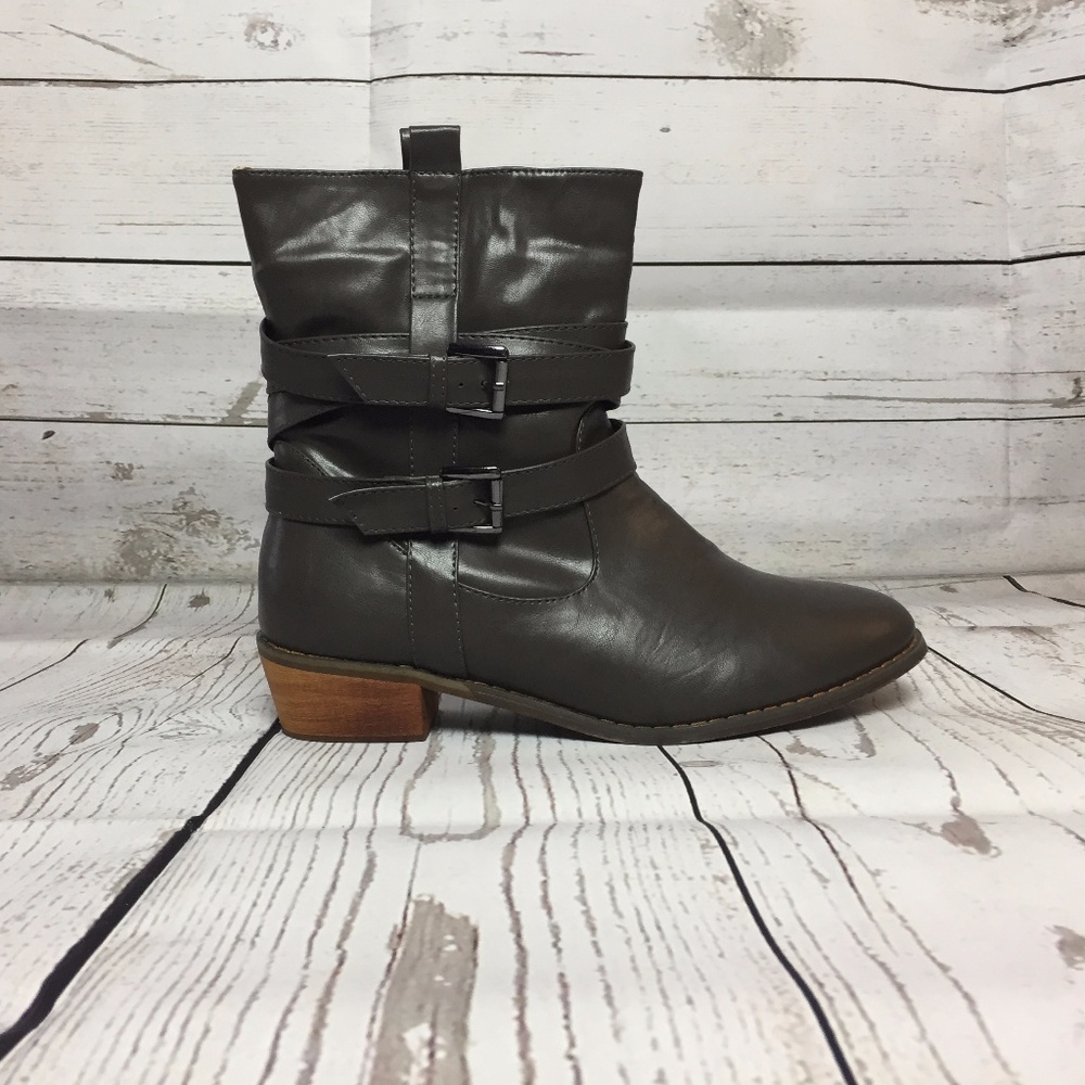 New Grey Double Belt Buckle SlipOn Ankle Boot