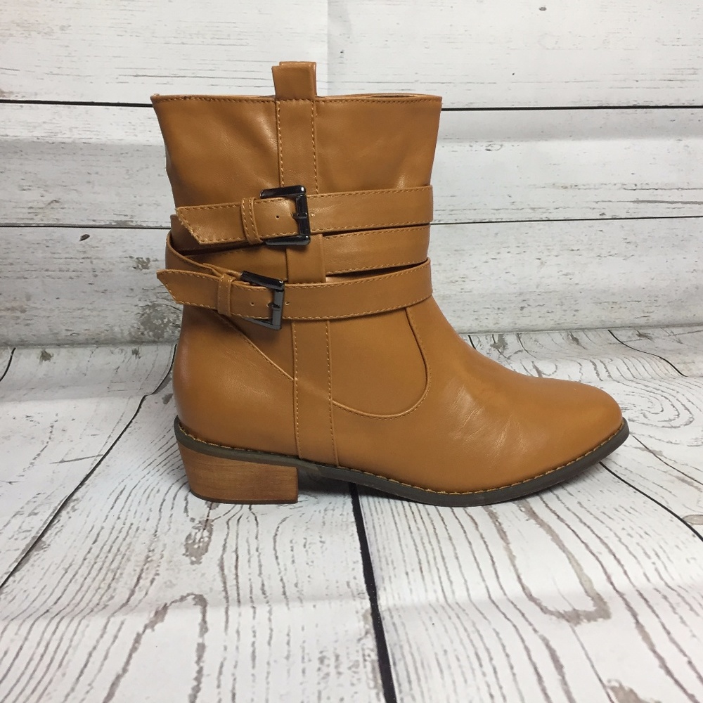 New Brown Double Belt Slip On Ankle Bootie