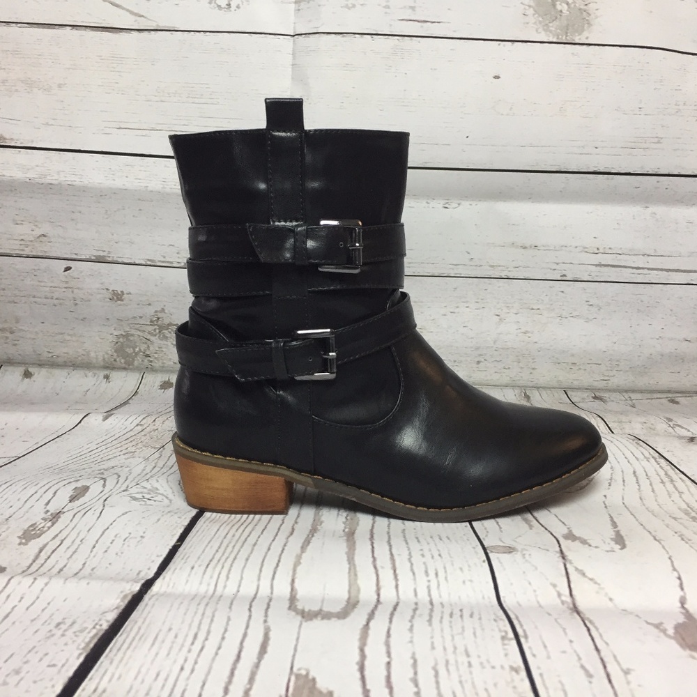 New Black Double Belt Short Heel SlipOn Ankle Boot
