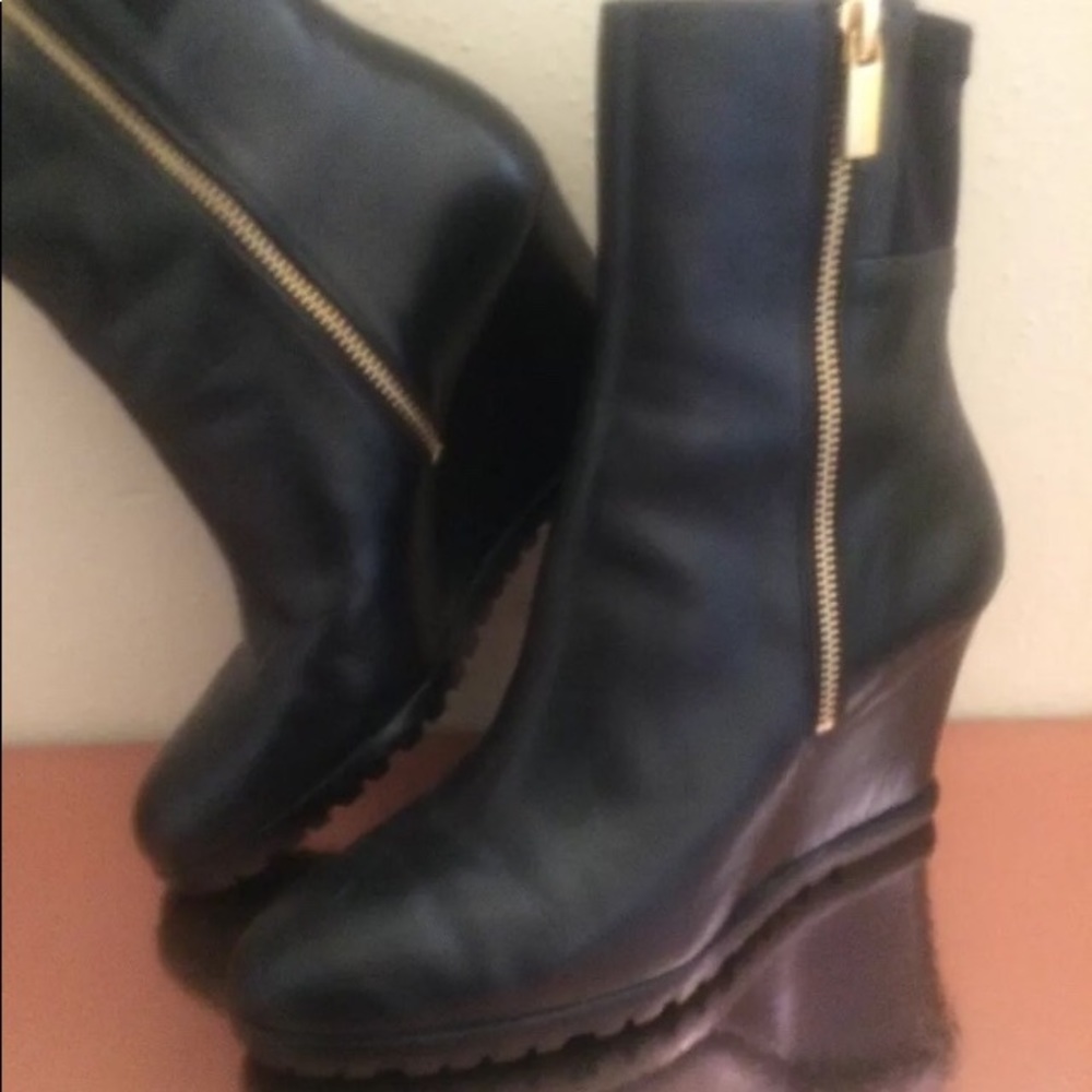 Michael Kors Black Leather Wedge Zip Booties