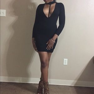 Black Deep V Bodycon Choker Dress