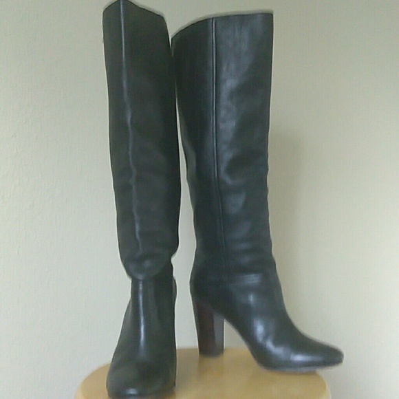 Black Leather Coach Heeled Boots - Picture 1 of 4