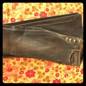 Genetic denim button fly flare jeans.