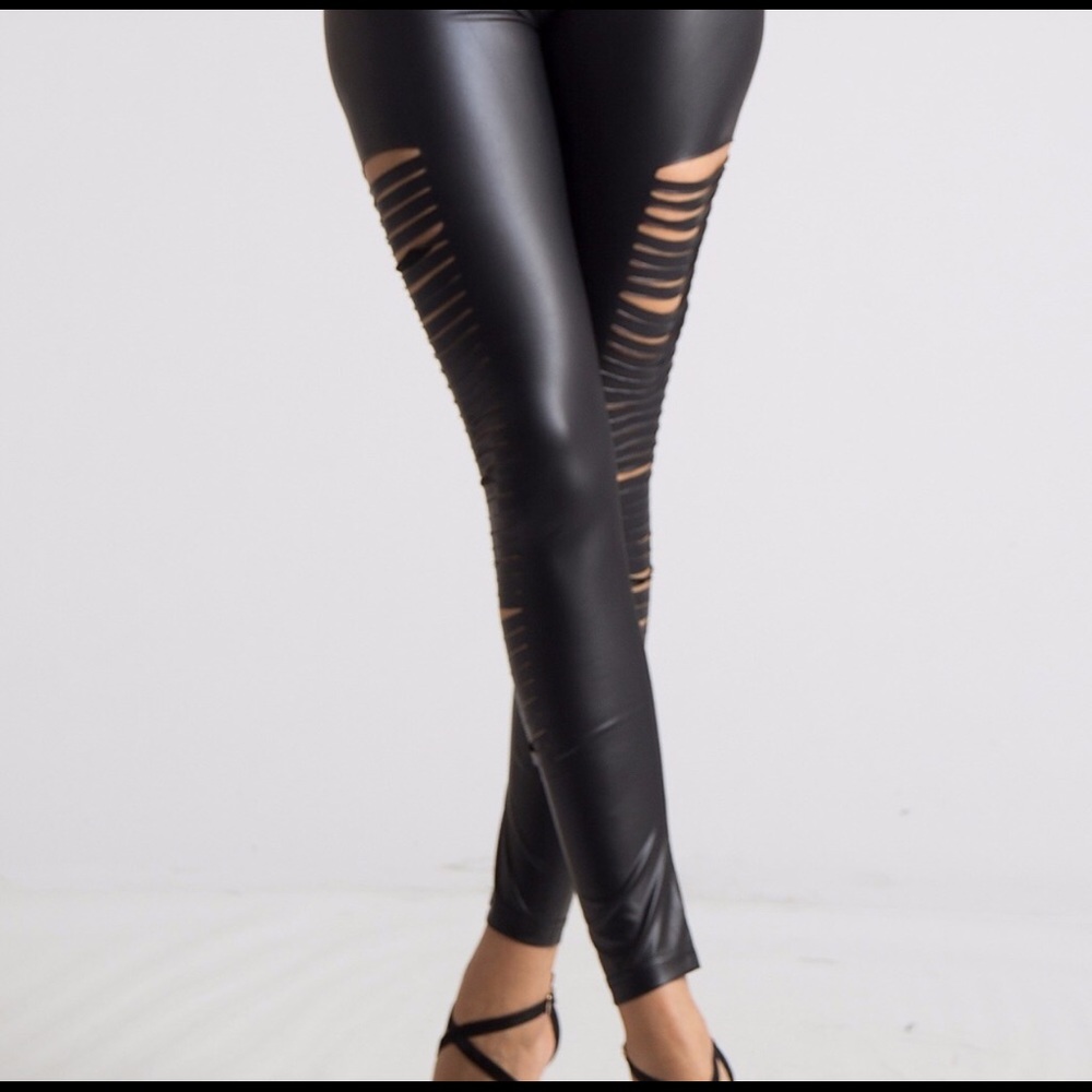 Side Distressed Faux Leather Legging - Picture 3 of 8