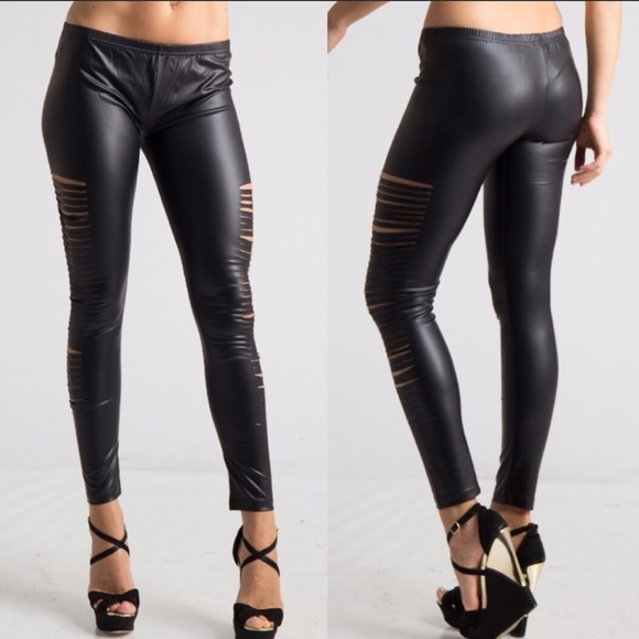 Side Distressed Faux Leather Legging - Picture 2 of 8