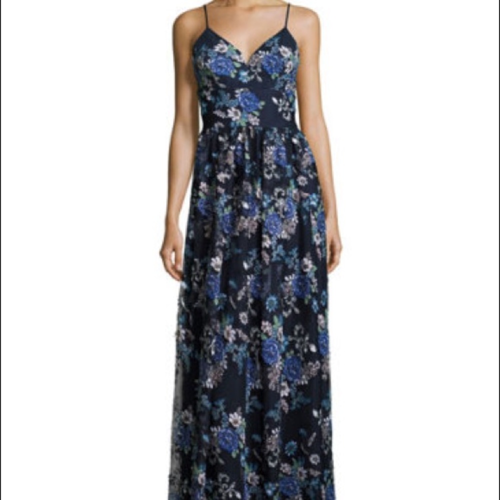 Nicole Miller Formal Gown, Navy w/ Floral Appliqué