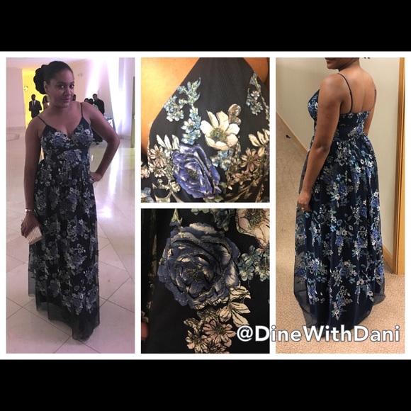 Nicole Miller Formal Gown, Navy w/ Floral Appliqué - Picture 6 of 7