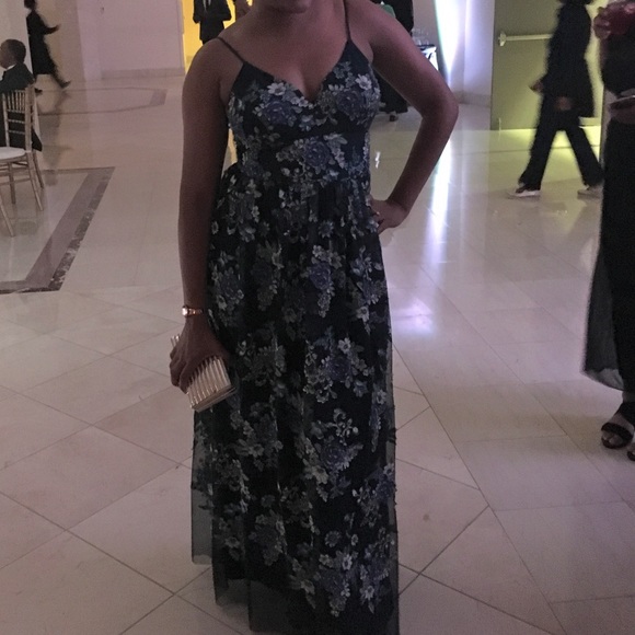 Nicole Miller Formal Gown, Navy w/ Floral Appliqué - Picture 7 of 7