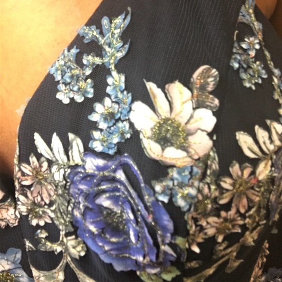 Nicole Miller Formal Gown, Navy w/ Floral Appliqué - Picture 3 of 7