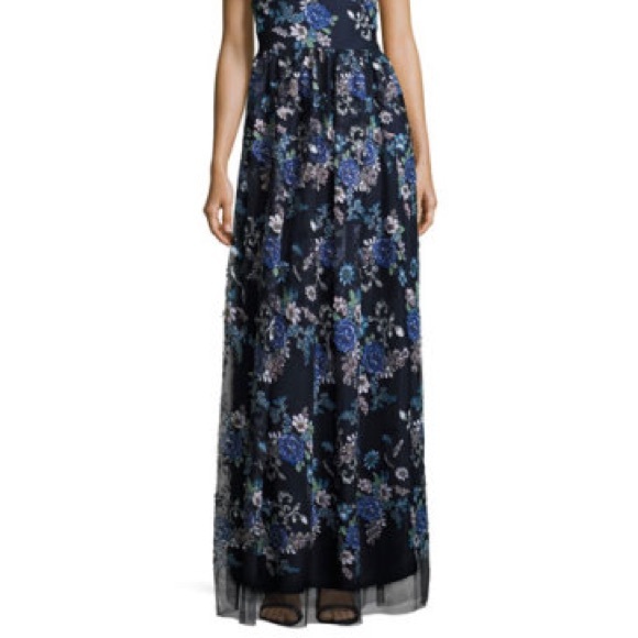 Nicole Miller Formal Gown, Navy w/ Floral Appliqué - Picture 4 of 7