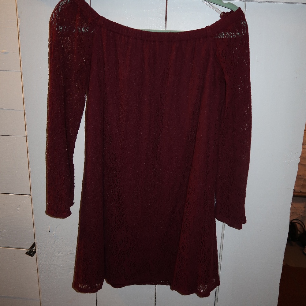 Burgundy Lace Off the Shoulder Dress