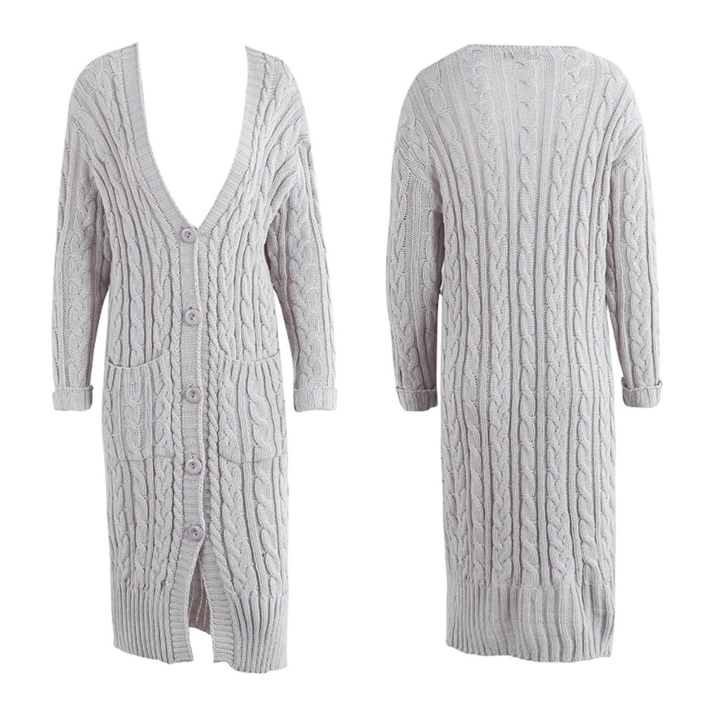 Cozy Cable Knit Long Maxi Cardigan w Pockets Grey - Picture 8 of 8
