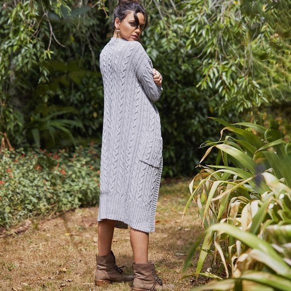 Cozy Cable Knit Long Maxi Cardigan w Pockets Grey - Picture 5 of 8