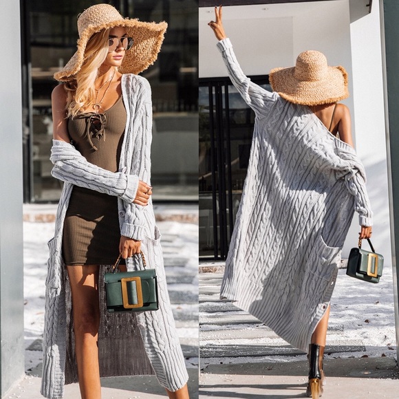 Cozy Cable Knit Long Maxi Cardigan w Pockets Grey - Picture 4 of 8