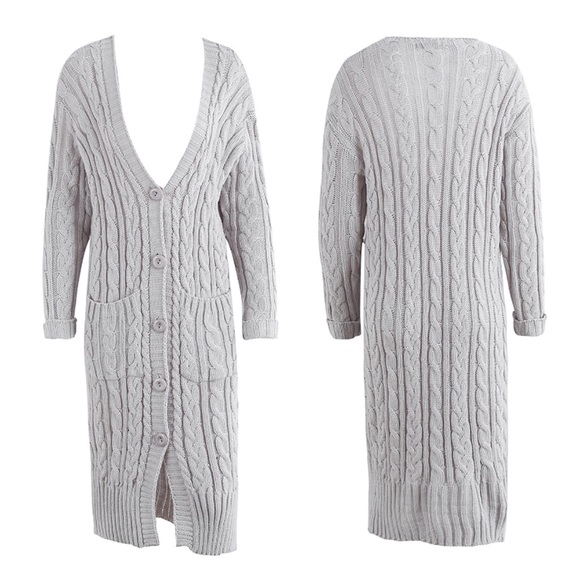 Cozy Cable Knit Long Maxi Cardigan w Pockets Grey - Picture 8 of 8