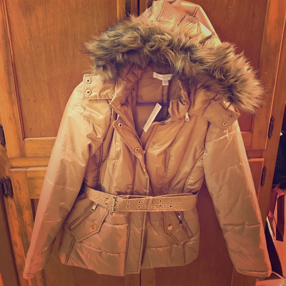 Brand new gold winter coat with fur hood
