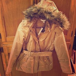 Brand new gold winter coat with fur hood