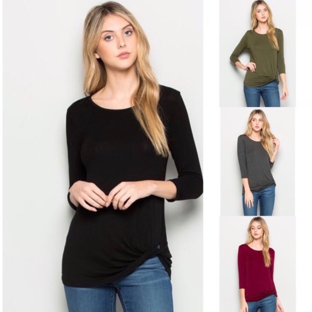 Restocked! Twisted hem top with 3/4 sleeve.