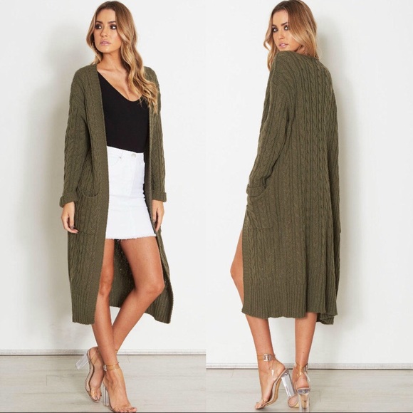 ✨ Cozy Cable Knit Long Maxi Cardigan Olive Green - Picture 4 of 7