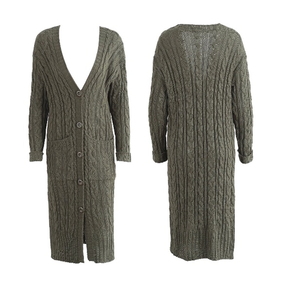 ✨ Cozy Cable Knit Long Maxi Cardigan Olive Green - Picture 7 of 7