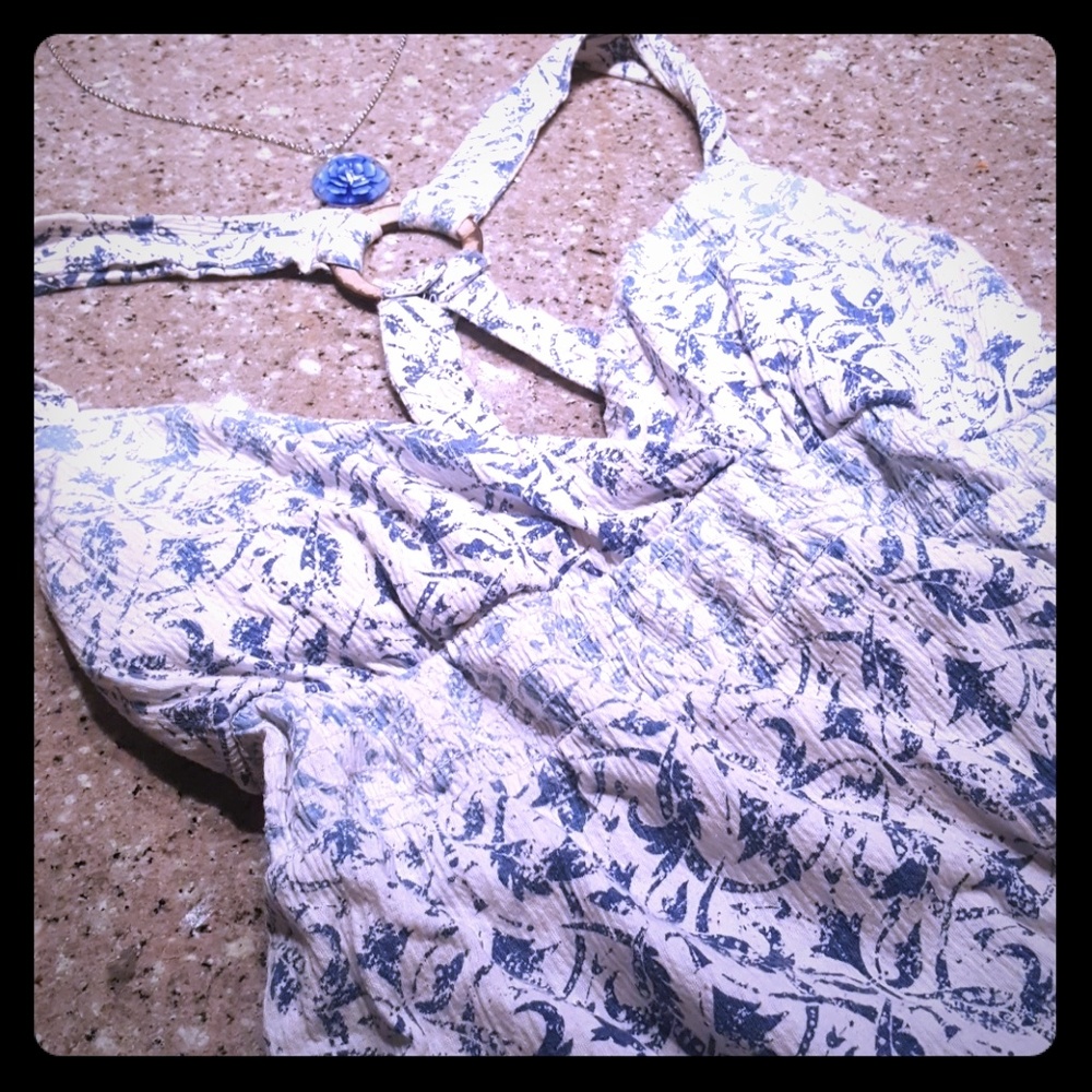 Blue and White Filigree Top