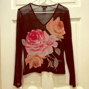 The Limited Floral Print Mesh Long Sleeve V-Neck