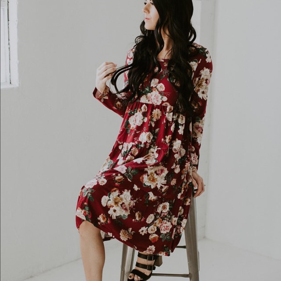 CCO Tiered Babydoll Floral Midi Dress - Burgundy - Picture 2 of 5
