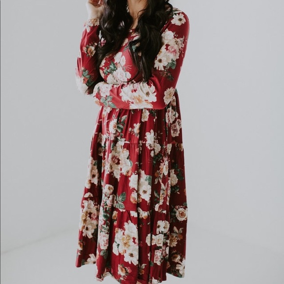 CCO Tiered Babydoll Floral Midi Dress - Burgundy - Picture 3 of 5