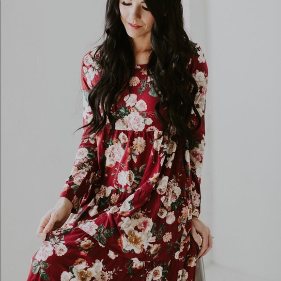 CCO Tiered Babydoll Floral Midi Dress - Burgundy - Picture 4 of 5