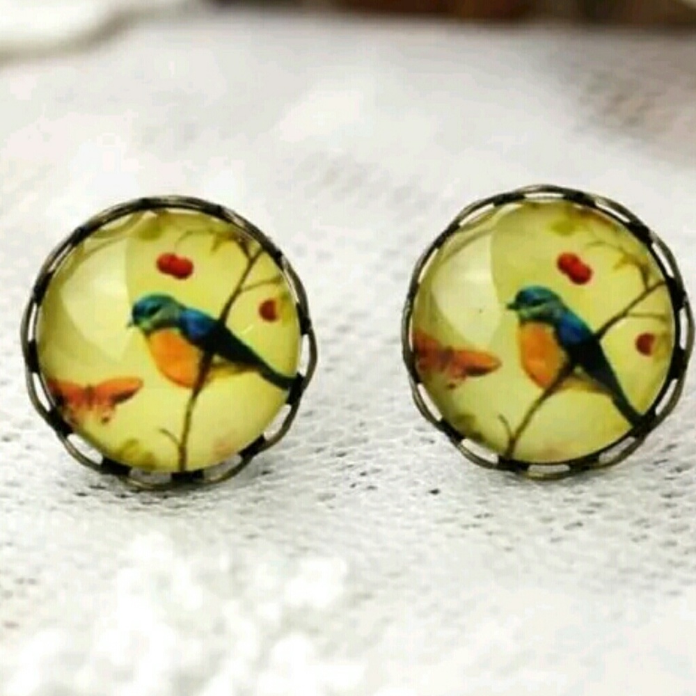 Retro style gem stud earrings bird bronze