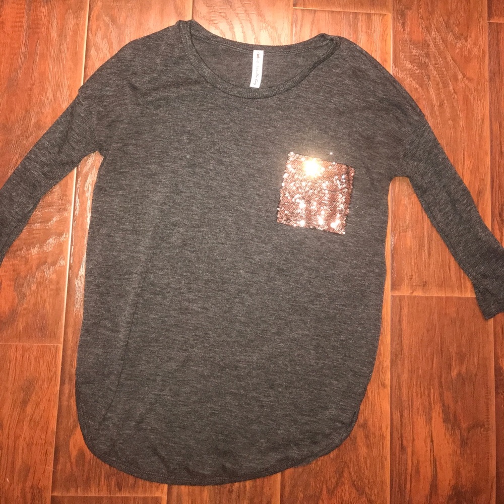 Charcoal Gray shirt with brown sequin pocket!