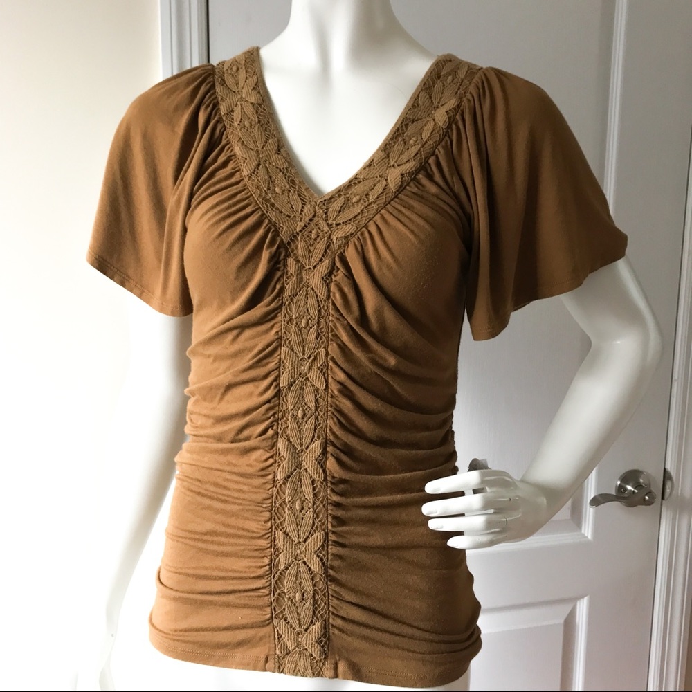 Anthropologie Ruched Brown Top Blouse S