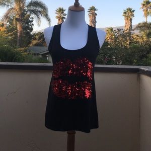 Black sequined red kiss tank top