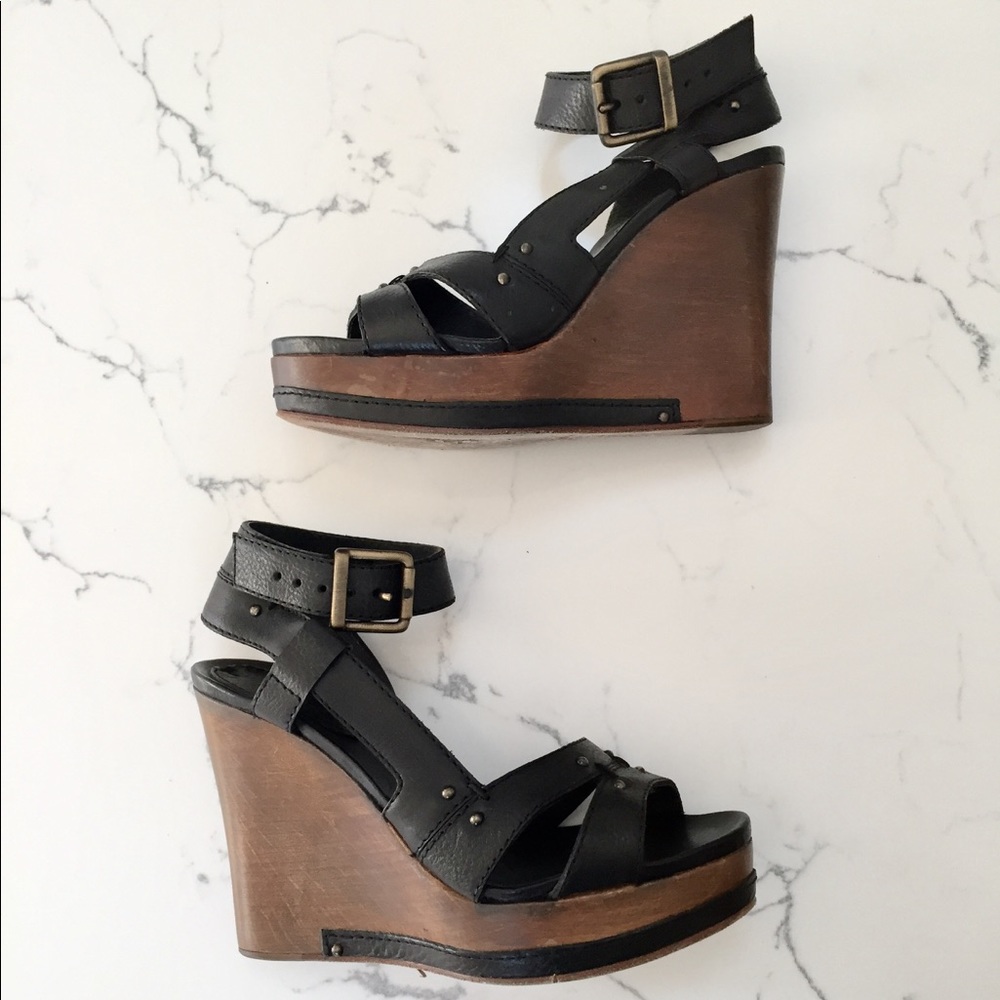 Chloe Black Leather Open Toe Ankle Strap Wedges
