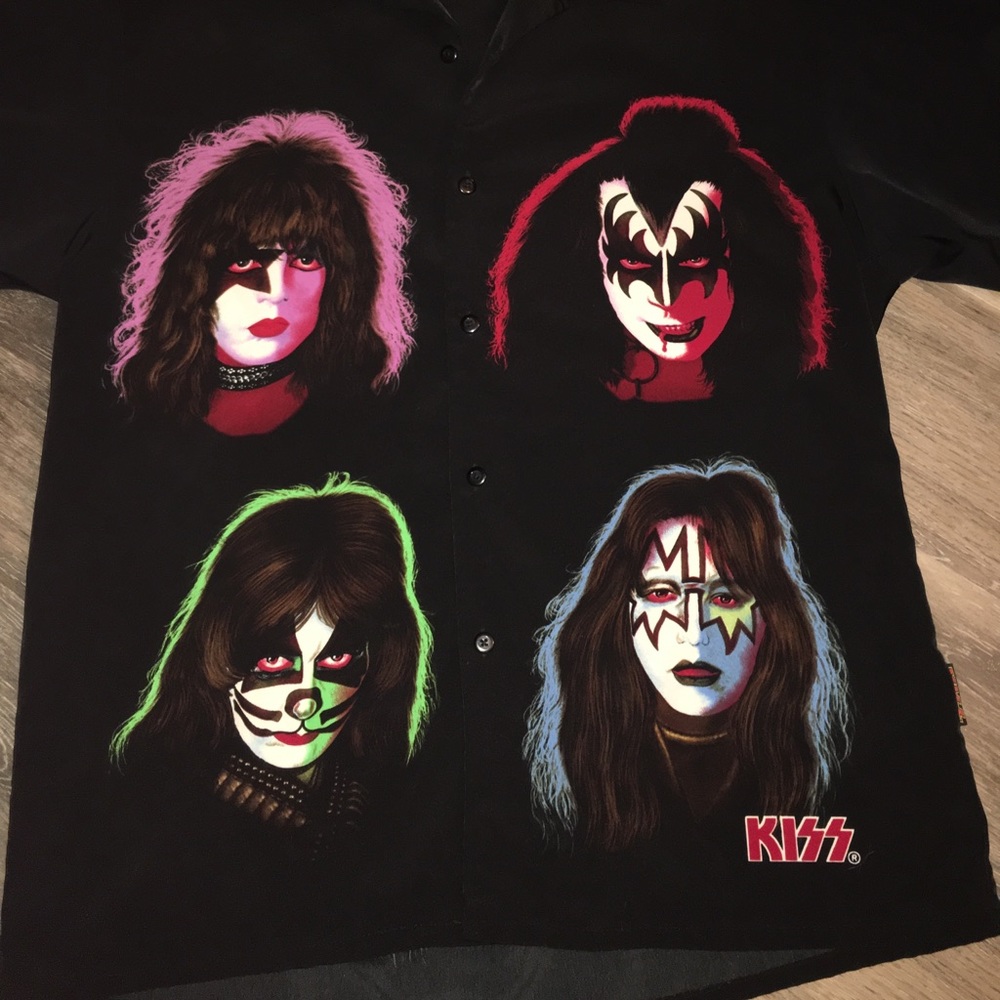 Men's KISS Band Faces Button Front Short Sleeve