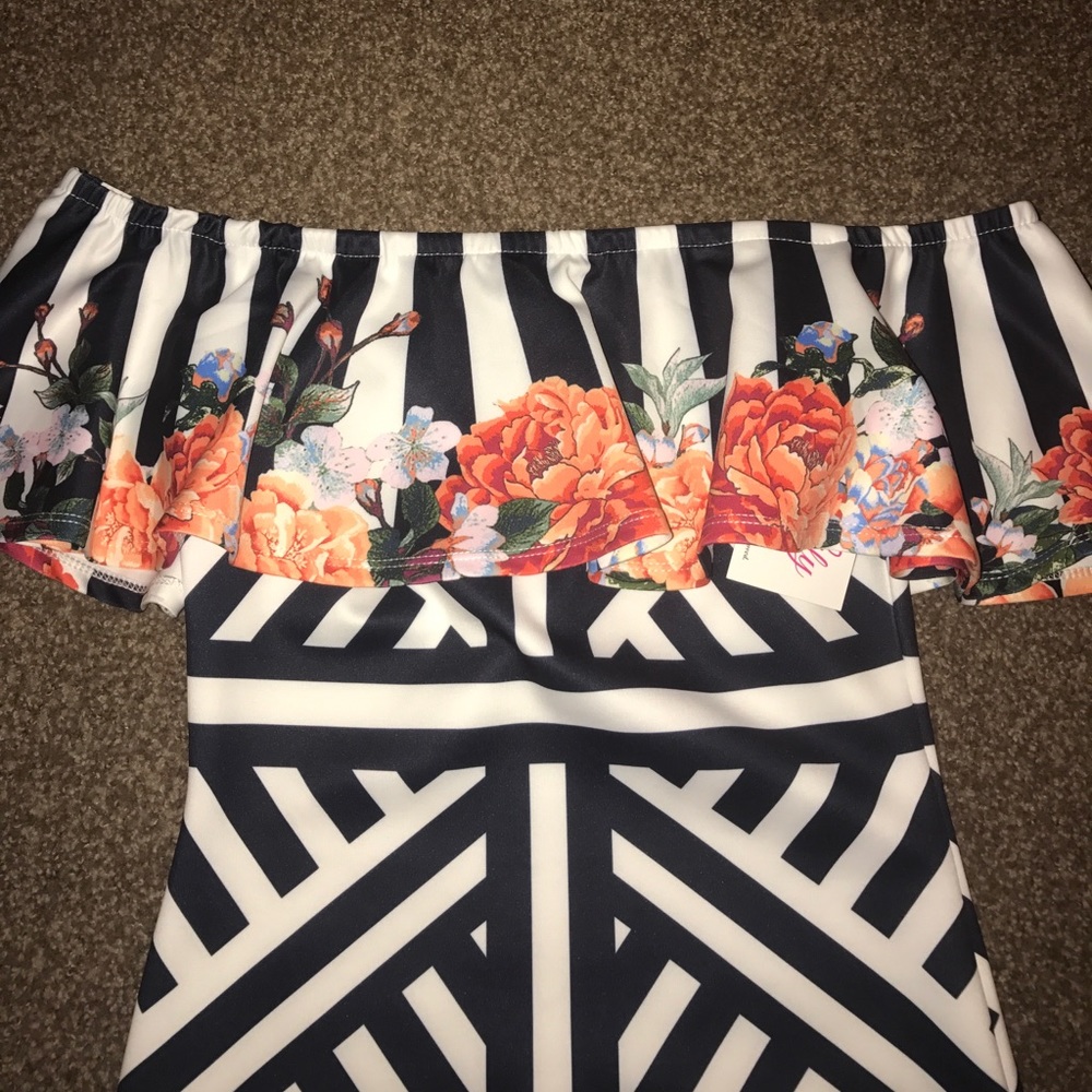 Off the shoulder floral/navy striped dress