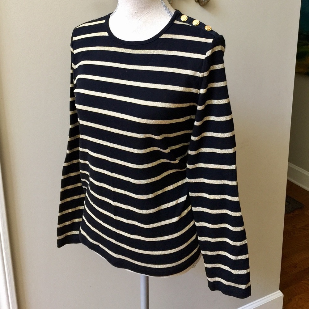 RALPH LAUREN Black and Metallic Gold Button Top