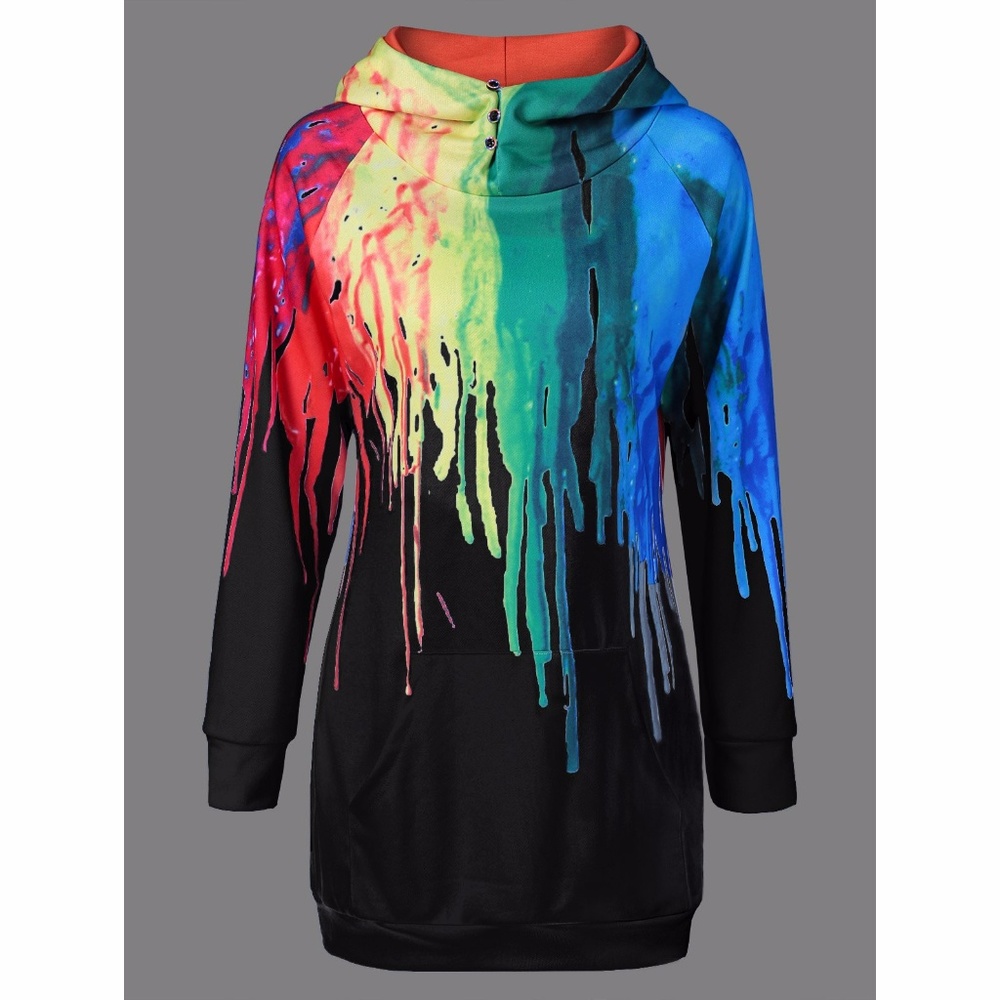 Paint Drip Long Hoodie Sweatshirt Size XL