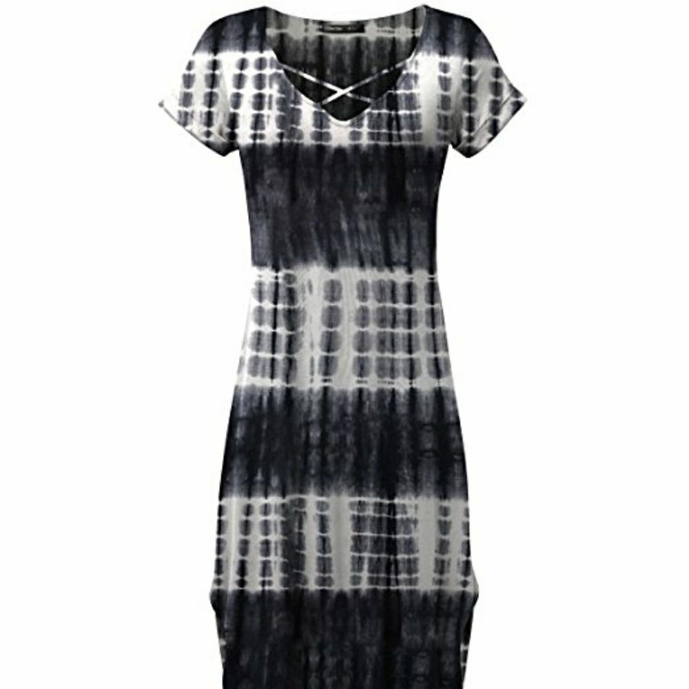 Tie Dye Maxi Dress Slit Sides & Crisscross Neck