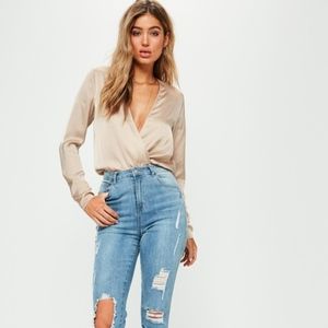 Tall nude deep plunge satin bodysuit